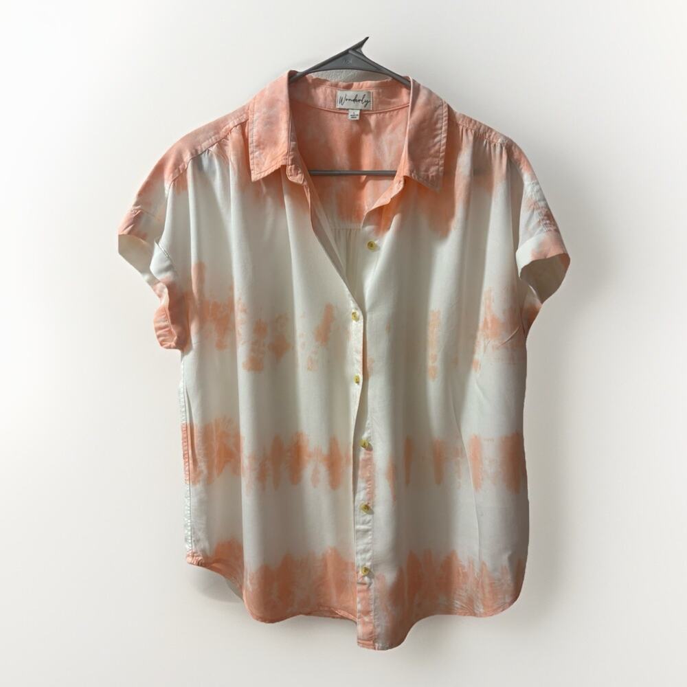 Wonderly Womens Tunic Shirt Top Size L Coral/whit Tie Dye Button Up Short Sleeve